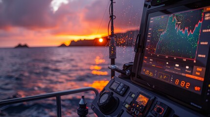 A view from the navigation station of a boat, showcasing a sunset over the ocean.