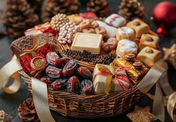 Wall Mural - Close-up photo of a traditional Eid gift basket filled with sweets, dates, and other treats, adorned with ribbons and ornaments