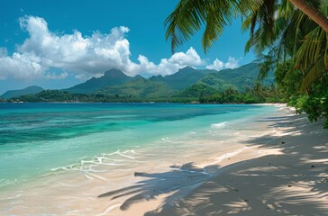 Wall Mural - Tranquil Tropical Beach With Lush Mountains and Palm Trees