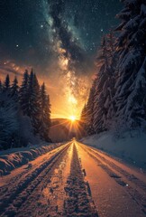Wall Mural - Snowy Forest Road at Sunset With Milky Way Visible