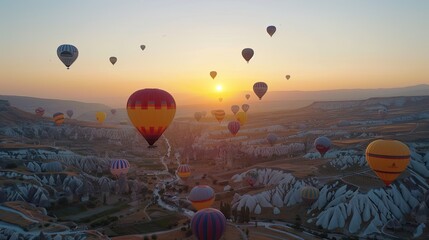 Colorful hot air balloons at sunrise