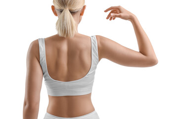 Poster - Woman showing her sporty body on white background, back view