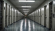 © Krittaphas - An empty prison hallway with rows of locked cell doors and fluorescent lighting. The scene is sterile and intimidating