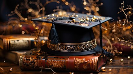 Floating graduation cap with a diploma background
