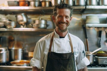 Wall Mural - Portrait of a smiling male chef in professional kitchen