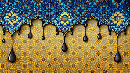 Wall Mural - The upper part of the picture is decorated with a pattern reminiscent of dripping paint, with blue and green shades and flower-like patterns. In the background is an intricate Islamic style pattern.AI