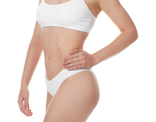 Sticker - Woman with slim body posing on white background, closeup