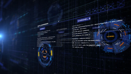 Leinwandbilder - HUD futuristic spinning circle crosshair, gadget on UI template for business development, game, technology vertical perspective view illustration