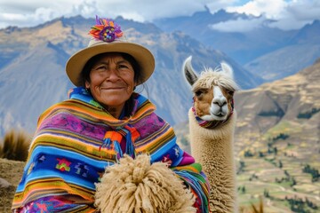 cholita woman of Bolivia with llama - portrait in picturesque landscape with mountains