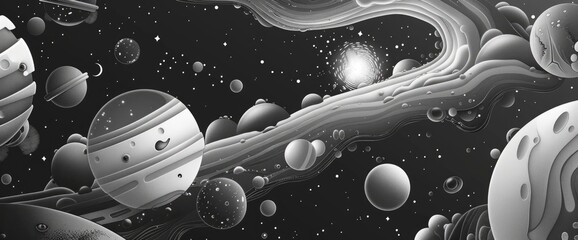 Wall Mural - Grayscale Abstract Celestial Bodies, Cartoon