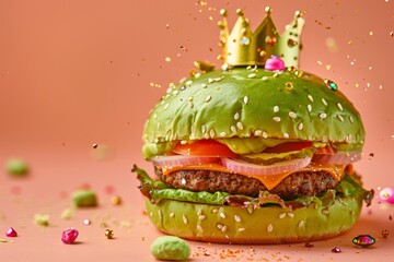 Wall Mural - green vegan burger decorated with crown, shining jewels and gold on pastel peach background copy space