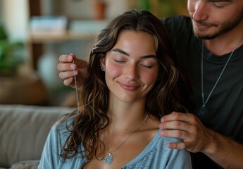 Woman With Curly Hair Receiving a Gentle Hair Massage From a Man in a Living Room