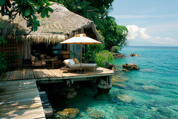 Poster - A tropical seaside hut with a thatched roof and an umbrella-covered lounge chair on a wooden deck over clear blue water. The scene is serene and inviting