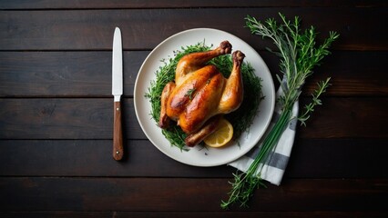 Wall Mural - Roast chicken on a plate on black wooden background with space for copy text