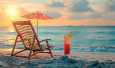 Wall Mural - Beachside Relaxation With a Red Umbrella and a Cocktail on a Sandy Shore