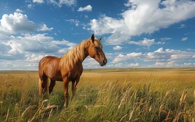 Wall Mural - A Blonde Horse Grazing in a Field on a Sunny Day