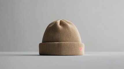 A tan knit hat with a red logo on the front