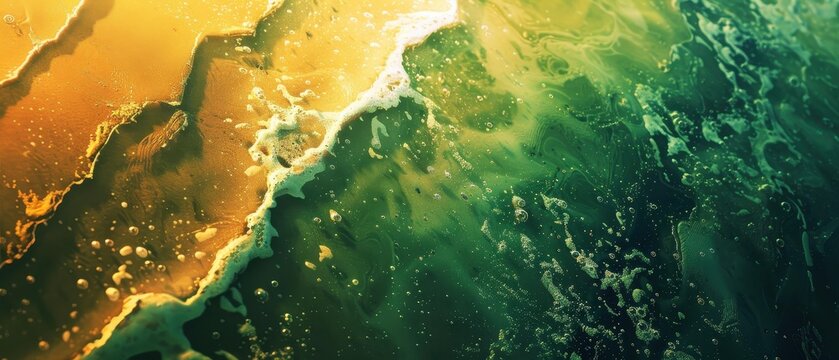 This image showcases a mesmerizing aerial view of ocean waves meeting the shore. The gradient from yellow to green creates a visually striking contrast, evocative of sunset light reflecting on water.