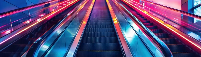 Wall Mural - A neon colored escalator with a pink and blue stripe. The escalator is lit up and he is in a futuristic setting