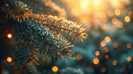 Closeup of Christmas tree with bokeh light in the background. Christmas and New Year holiday background. vintage color tone.