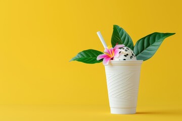 Passion fruit ice cream in a cup with tropical decorations on a bright yellow background