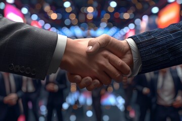 Close-Up of Business Handshake Between Two Partners in Formal Suits with Blurred Conference Room Background Lights and AttendeesBusiness