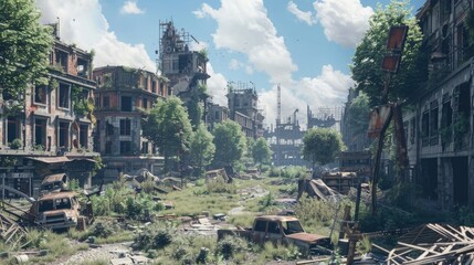 Wall Mural - Post-Apocalyptic City Set with Ruined Buildings, Overgrown Vegetation, and Scavenger's Camp. Concept of Survival and Rebuilding