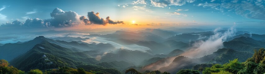 Sticker - Scenic View of Mountain Ranges at Sunrise in Vietnam