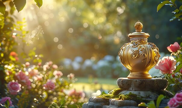 A golden perfume bottle with intricate porcelain designs, elegantly placed on a stone pedestal, surrounded by blooming flowers and greenery