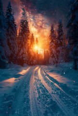 Wall Mural - Snowy Forest Path Under a Starry Sky at Sunset