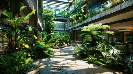 Wall Mural - Green atrium in an urban building, lush indoor garden, front view, promoting biophilic design, cybernetic tone, Triadic Color Scheme