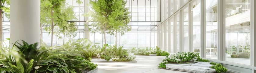 Wall Mural - Green atrium in a corporate headquarters, integrating nature and workspaces, side view, emphasizing wellness and sustainability, digital binary as object, colored pastel