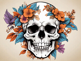 Wall Mural - Human skull floral vector illustration skeleton art design with flower