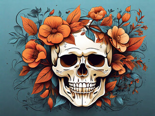 Human skull floral vector illustration skeleton art design with flower