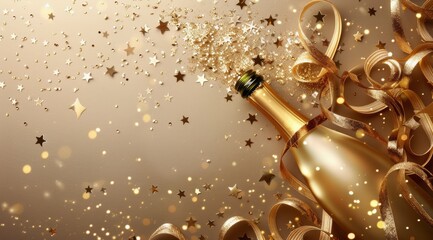 Wall Mural - Champagne Bottle With Gold Confetti and Ribbons for Celebration
