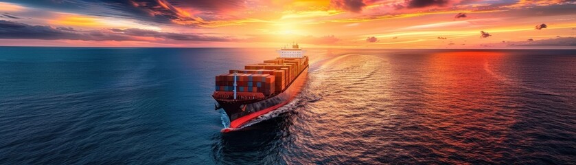 Wall Mural - A vibrant image capturing a container ship sailing under a dramatic sunset