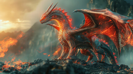 Giant fire breathing dragon standing on a mountain of lava