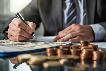 Business professional signing a document with coins and banknotes on a desk, symbolizing financial planning and economic strategy.