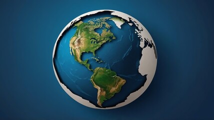 paper cutout of globe showing north and south america, isolated on blue background