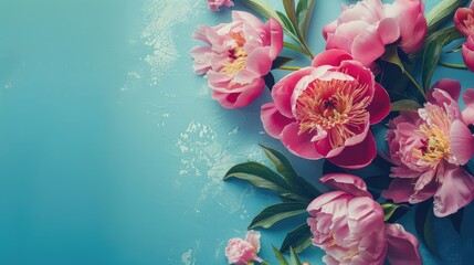 Wall Mural - Stunning peonies arrangement on soft blue backdrop Top view with room for text