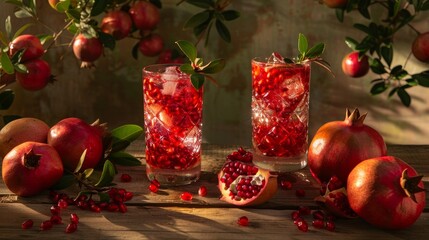 Refreshing pomegranate juice with fresh fruits on a wooden table, surrounded by a pomegranate plant for a vibrant touch.