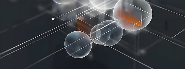 Wall Mural - transparent 3d spheres and geometric shapes on dark background with linear elements, futuristic desi