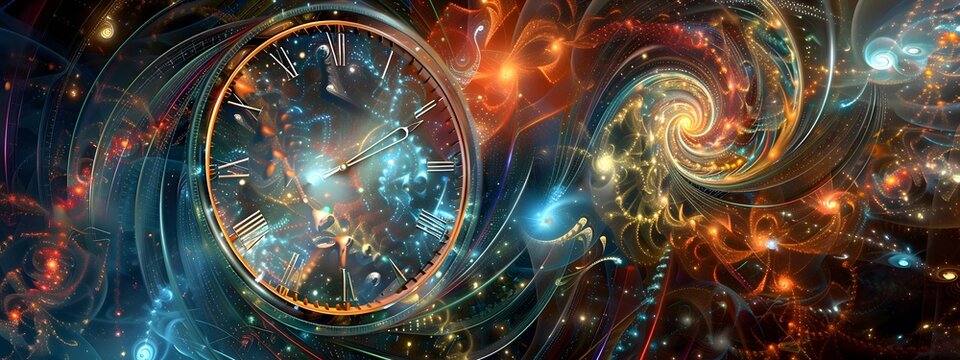 Hypnotic vortex of intricate clocks and vibrant prismatic patterns, time travel or the complexity of time