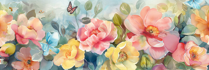 Wall Mural - Watercolor painting,Flower Colors of July A bright mix of , pinks, yellows, light blues, pastels and tiny butterflies With light green leaves.