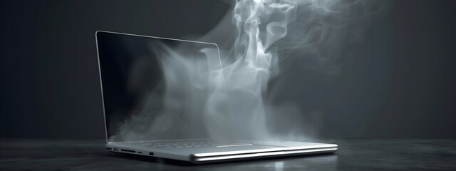 Wall Mural - Smoking Laptop Overheating on Dark Background with Dramatic Smoke Effects