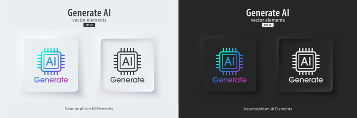 Fototapete - Set of Generative AI in black and white neumorphism style. Active and inactive buttons. Machine learning concept. AI enters by command prompt to generate ideas. UI UX design, Vector illustration.