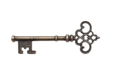 Vintage ornate skeleton key isolated on transparent background. Antique decorative metal key with intricate design.