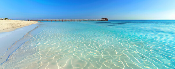 Canvas Print - Beach background with a jetty extending into the clear, calm water.