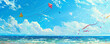 © wolfhound911 - Beach background with colorful kites flying high in the sky.