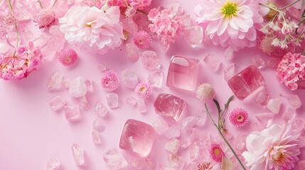 Wall Mural - Rose Quartz Facial Massage with Flowers on Pink Background